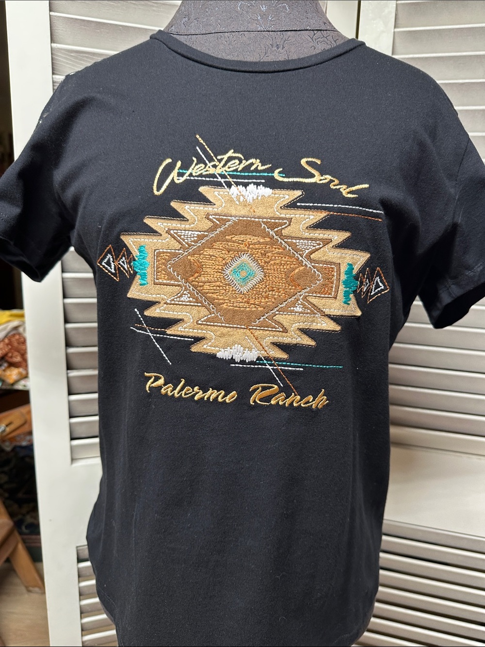 Black Short-Sleeve Tee with Tan Southwestern Embroidery